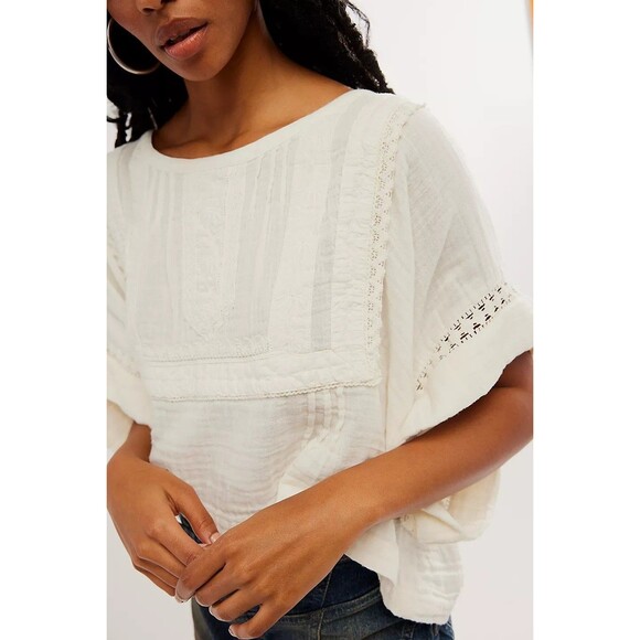 Free People Eden Lace Tee Blouse Top Babydoll Crochet Lace Cotton L NWT 285796 - Picture 4 of 9
